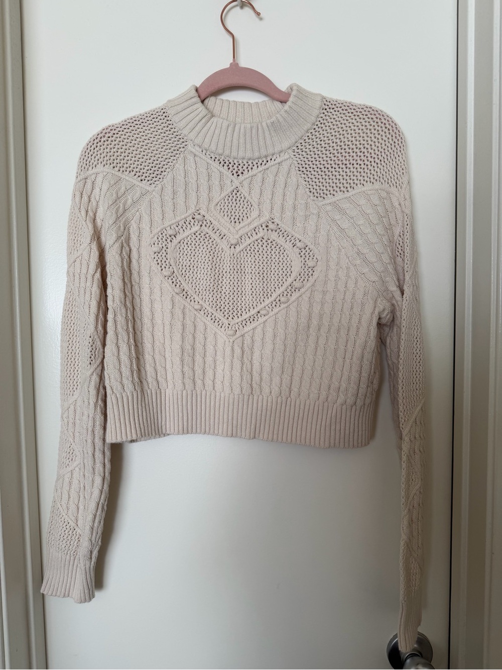 Cropped Cable Knit Sweater with Heart Detail - Cream